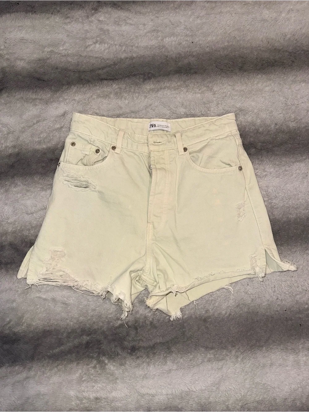 Zara Light Mint Distressed Denim Shorts